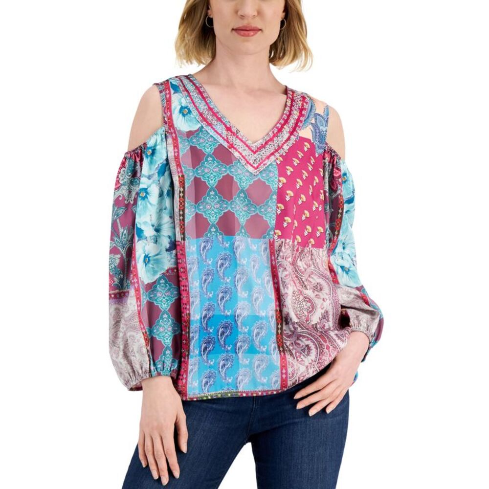 JM Collection Womens Paisley-Print Cold-Shoulder Top